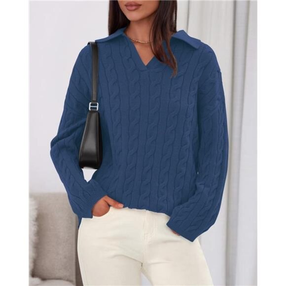 Oversized V-Neck Cable Knit Sweater | Cozy Long Sleeve Pullover Fall & Winter - Picture 5 of 6